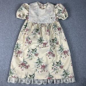 Vintage Bonnie Jean Girls Sz 6X Floral Dress Lace Bib Collar Union‎ Made USA